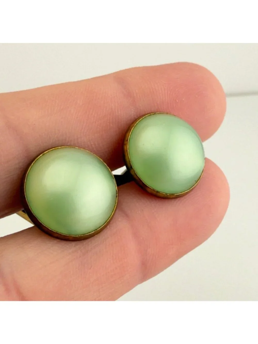 Vintage Round Cabochon Cufflinks Set of 2 Green Pink Mid Century